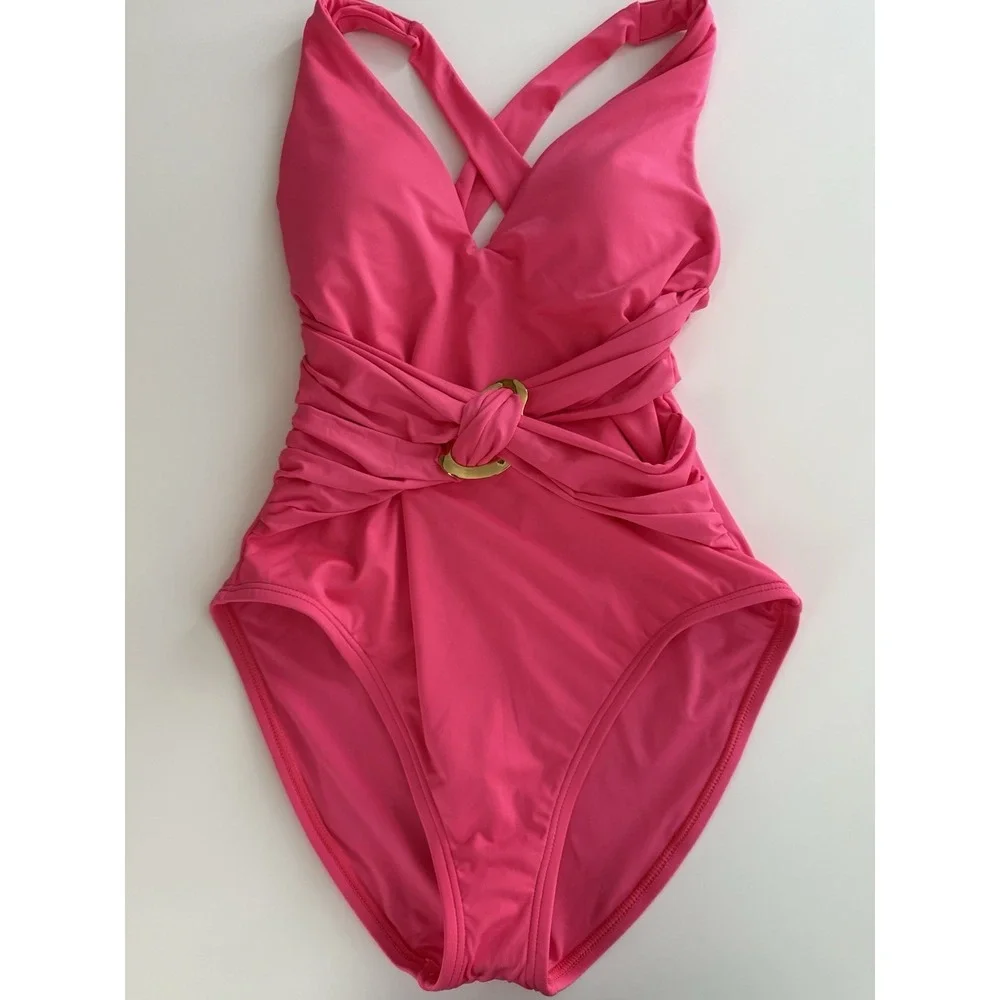 Trina Turk Wrap One Piece Swimsuit Coral Ring Accent Cross Back Size 6 NWT $178 - Picture 2 of 10